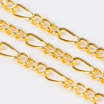 Iron Handmade Chains Figaro Chains Mother-Son Chains, Unwelded, Golden, with Spool, Mother Link: 3x7mm, 1mm thick,  Son Link: 2.5x4mm, 0.63mm thick
