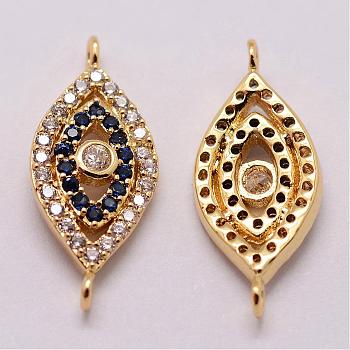 Brass Micro Pave Cubic Zirconia Links, Horse Eye, Lead Free & Nickel Free & Cadmium Free, Real 18K Gold Plated, 19x8x2mm, Hole: 1mm