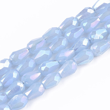 Electroplate Glass Beads Strands, AB Color Plated, Imitation Jade Glass, Faceted Teardrop, Light Steel Blue, 4x3mm, Hole: 0.7mm, about 98~99pcs/strand, 16.54~16.92 inch(42~43cm)