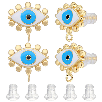 4 Pairs Evil Eye Brass Stud Earring Findings, with Enamel and Plastic Ear Nuts & Vertical Loops, Long-Lasting Plated, Real 18K Gold Plated, 12.5x13mm, Hole: 1.2mm, Pin: 0.9mm