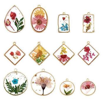 12Pcs 12 Styles Transparent Clear Epoxy Resin Pendants,  Geometric Charms with Inner Flower, with Edge Golden Plated Brass Loops, Mixed Shapes, Mixed Color, 22~35x19~30x3~7mm, Hole: 1.4~2.5mm, 1pc/style