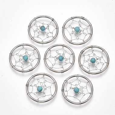 Stainless Steel Color DarkTurquoise Flat Round Synthetic Turquoise Pendants
