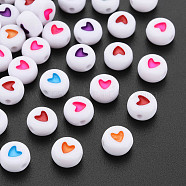 Acrylic Beads, Flat Round with Heart, Mixed Color, 7x4mm, Hole: 1mm(X-MACR-T009-08)