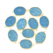 Plating AB Natural Druzy Agate Links connectors, with Brass Findings, Dyed, Oval, Golden, Deep Sky Blue, 25x14x4mm, Hole: 1.8mm(G-S344-05D)