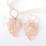 Gemstone Chips Earrings, with Glass Beads and Brass Leverback Hoop Earrings, Rose Quartz, 39mm, Pin: 0.7mm(EJEW-JE01301-05)