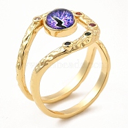 Resin Evil Eye Open Cuff Ring with Cubic Zirconia, Real 18K Gold Plated Brass Wire Wrap Jewelry for Women, Blue Violet, Inner Diameter: 18mm(RJEW-E069-02G-08)