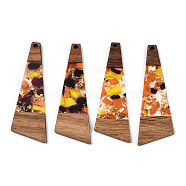 Transparent Resin & Walnut Wood Big Pendants, with Gold Foil, Trapezoid Charms, Coral, 57.5x19.5x3mm, Hole: 2mm(RESI-TAC0017-71-A03)