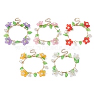 Acrylic Flower & Glass Pearl Charm Bracelets, with Brass Chains, Mixed Color, 6-7/8~7-1/8 inch(17.5~18cm)(BJEW-JB10054)