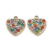 Ion Plating(IP) 304 Stainless Steel Charms, with Colorful Rhinestone, Heart Charm, Real 18K Gold Plated, 12x10x2.5mm, Hole: 1.5mm(STAS-Q254-10G)