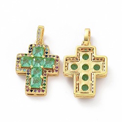 Brass Micro Pave Clear Cubic Zirconia Pendants, Cross, Religion, Spring Green, 24x17x5mm, Hole: 3.5x5~5.5mm(ZIRC-F135-24G-03A)