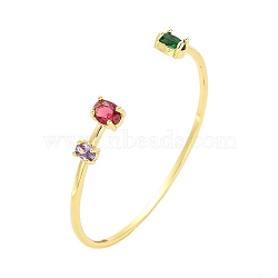 Brass Pave Green & Red Glass Open Cuff Bangles for Women, Real 18K Gold Plated, 0.2~0.85cm, Inner Diameter: 2-1/4 inch(5.55cm)(BJEW-M312-07G)