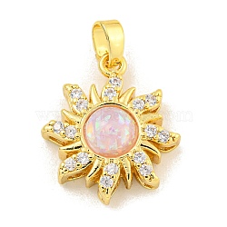 Rack Plating Brass Cubic Zirconia Pendants, with Resin, Long-Lasting Plated, Lead Free & Cadmium Free, Sun, Real 18K Gold Plated, Pearl Pink, 19x16.5x6.5mm, Hole: 3mm(KK-H476-11G-06)