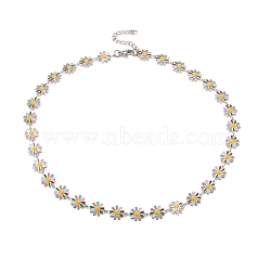Enamel Daisy Link Chain Necklace, Vacuum Plating 304 Stainless Steel Jewelry for Women, Stainless Steel Color, Green, 16.3 inch(41.5cm)(NJEW-P220-01P-04)