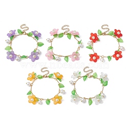 Acrylic Flower & Glass Pearl Charm Bracelets, with Brass Chains, Mixed Color, 6-7/8~7-1/8 inch(17.5~18cm)(BJEW-JB10054)