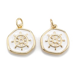 Brass Enamel Pendants, with Jump Rings, Long-Lasting Plated, Flat Round with Helm, White, Real 18K Gold Plated, 17x14.5x2.5mm, Hole: 3.5mm(KK-A155-07G)