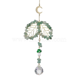 Glass Pendant Decorations, Brass with Natural Green Aventurine Chip Bead, with 304 Stainless Steel Cable Chains, Golden, 280mm(HJEW-TA00136)