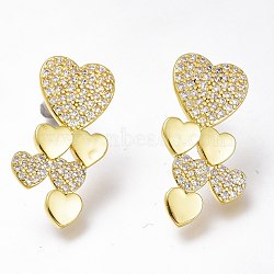 Brass Micro Pave Clear Cubic Zirconia Heart Stud Earrings, with Plastic Ear Nuts, Long-Lasting Plated, Golden, 26x14mm, Pin: 1mm(ZIRC-I049-33G-01)