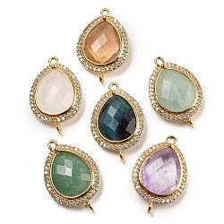 Natural Mixed Gemstone Faceted Teardrop Connector Charms, Rack Plating Brass Micro Pave Clear Cubic Zirconia Links, Golden, 23~23.5x15.5x5mm, Hole: 1.2mm(G-M431-04G)