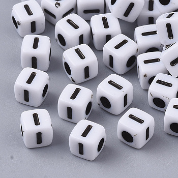 White Opaque Acrylic Beads, Horizontal Hole, Cube with Black Alphabet, Letter.I, 4~5x4~5x4~5mm, Hole: 1.8mm, about 240pcs/20g