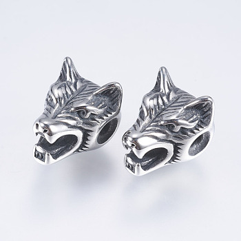 316 Surgical Stainless Steel Beads, Wolf, Antique Silver, 12x11x14mm, Hole: 2mm