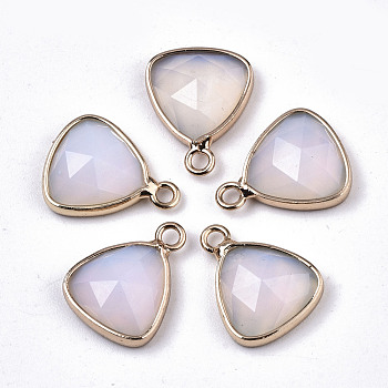 Opalite Charms, with Light Gold Plated Brass Edge and Loop, Triangle, Faceted, 14x11x4mm, Hole: 1.5mm