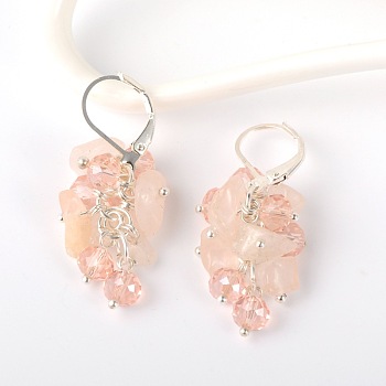 Gemstone Chips Earrings, with Glass Beads and Brass Leverback Hoop Earrings, Rose Quartz, 39mm, Pin: 0.7mm