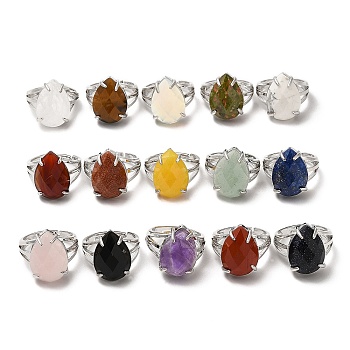 Synthetic & Natural Mixed Gemstone Teardrop Adjustable Rings, Platinum Brass Ring, Lead Free & Cadmium Free, US Size 7(17.3mm)