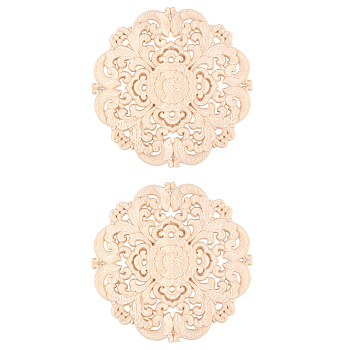 Olycraft Rubber Wood Carved Onlay Applique Craft, Unpainted Onlay Furniture Home Decoration, Flower, BurlyWood, 15x0.7cm