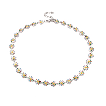 Enamel Daisy Link Chain Necklace, Vacuum Plating 304 Stainless Steel Jewelry for Women, Stainless Steel Color, Green, 16.3 inch(41.5cm)
