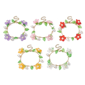 Acrylic Flower & Glass Pearl Charm Bracelets, with Brass Chains, Mixed Color, 6-7/8~7-1/8 inch(17.5~18cm)