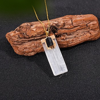 Natural Black Tourmaline & Selenite Rectangle Pendant Necklaces, Metal Cable Chain Necklaces for Men, Golden, 15.75~19.69 inch(40~50cm)