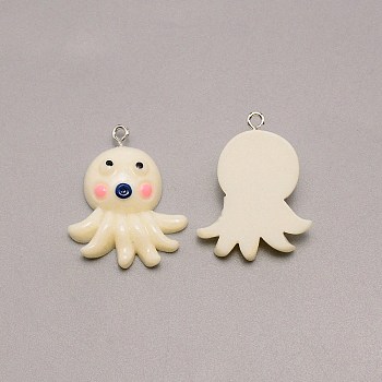 Resin Pendants, with Iron Pin, Octopus, White, 31x25x9mm, Hole: 2mm
