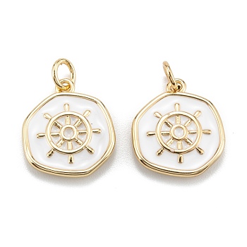 Brass Enamel Pendants, with Jump Rings, Long-Lasting Plated, Flat Round with Helm, White, Real 18K Gold Plated, 17x14.5x2.5mm, Hole: 3.5mm