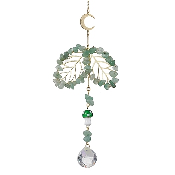 Glass Pendant Decorations, Brass with Natural Green Aventurine Chip Bead, with 304 Stainless Steel Cable Chains, Golden, 280mm