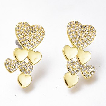 Brass Micro Pave Clear Cubic Zirconia Heart Stud Earrings, with Plastic Ear Nuts, Long-Lasting Plated, Golden, 26x14mm, Pin: 1mm