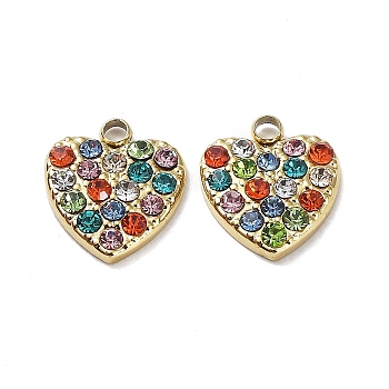 Ion Plating(IP) 304 Stainless Steel Charms, with Colorful Rhinestone, Heart Charm, Real 18K Gold Plated, 12x10x2.5mm, Hole: 1.5mm