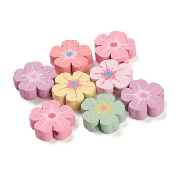 Spray Painted Natural Maple Wood Beads, Flower, Mixed Color, 16x16.5x5mm, Hole: 2mm, about 1111pcs/500g
