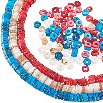 3 Strands 3 Colors Shell Beads Strands, Dyed, Disc, Mixed Color, 4.9~6x0.4~6mm, Hole: 1.4mm,  about 15.94 inch~16.14 inch(40.5~41cm), 1strand/color