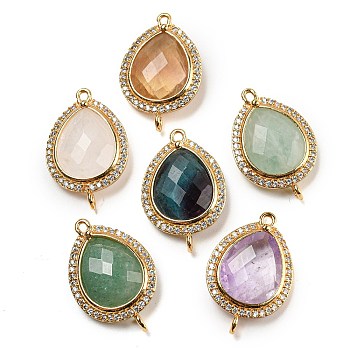Natural Mixed Gemstone Faceted Teardrop Connector Charms, Rack Plating Brass Micro Pave Clear Cubic Zirconia Links, Golden, 23~23.5x15.5x5mm, Hole: 1.2mm