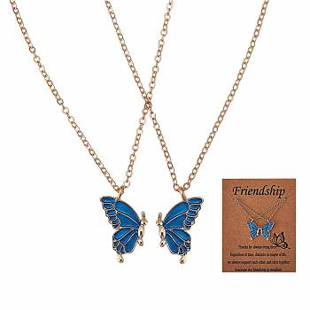 2Pcs Matching Butterfly Pendant Necklaces Set, 316 Surgical Stainless Steel Couple Necklace for Mother Daughter Friends, Light Gold, Blue, 17.72 inch(45cm)