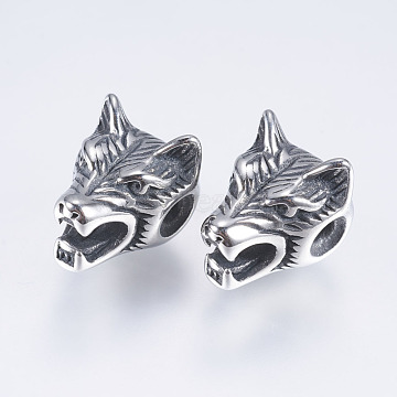 316 Surgical Stainless Steel Beads, Wolf, Antique Silver, 12x11x14mm, Hole: 2mm(X-STAS-I072-051AS)