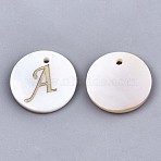 Natural Freshwater Shell Pendants, with Golden Plated Brass Etched Metal Embellishments, Flat Round with Letter, Letter.A, 15x2mm, Hole: 1.2mm(X-SHEL-N027-04A)