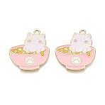 Alloy Enamel Pendant, Golden, Bowl with Cat & Cat Paw Print Charm, Pink, 32.5x28.5x1.6mm, Hole: 2.2mm(FIND-H040-01F)