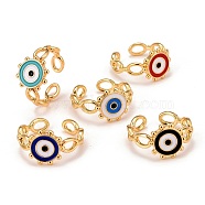 Real 18K Gold Plated Brass Cuff Ring, Enamel Flat Round with Evil Eye Lucky Protection Open Ring for Women, Lead Free & Cadmium Free & Nickel Free, Mixed Color, US Size 7 3/4(17.9mm)(RJEW-C014-03)