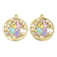 Rack Plating Alloy Enamel Pendants, with ABS Imitation Pearl, Golden, Flat Round Charm, Jellyfish, 29x26x4mm, Hole: 2mm(FIND-Q099-08A-01)