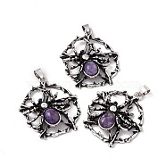Natural Charoite Pendants, Flat Round with Spider Charms, with Antique Silver Color Brass Findings, 37~38x34~35x9mm, Hole: 5x4mm(KK-A173-03AS-07)