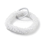 Glass Beaded Bracelet Wrist Keychain, with Iron Key Ring, White, 9cm(AJEW-Z018-01H)