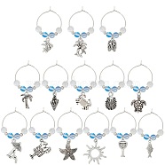 Sea Animals Alloy Wine Glass Charms, with Brass Hoop Earring Findings and Synthetic Moonstone Bead, Crab/Coconut Tree/Fish, Antique Silver, 48~58mm, 14 style, 1pc/style, 14pcs/set(AJEW-SC0002-16)