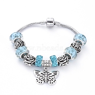 Brass European Style Bracelets, with Acrylic and Polymer Clay Rhinestone European Beads, Alloy Rose Beads and Butterfly Pendants , Light Sky Blue, 7-1/4 inch(18.5cm)(BJEW-JB05136-03)