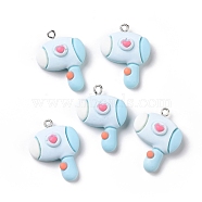 Opaque Resin Pendants, with Platinum Tone Iron Loops, Hair Dryer, Light Sky Blue, 29x22.5x10mm, Hole: 2mm(RESI-G032-E04)